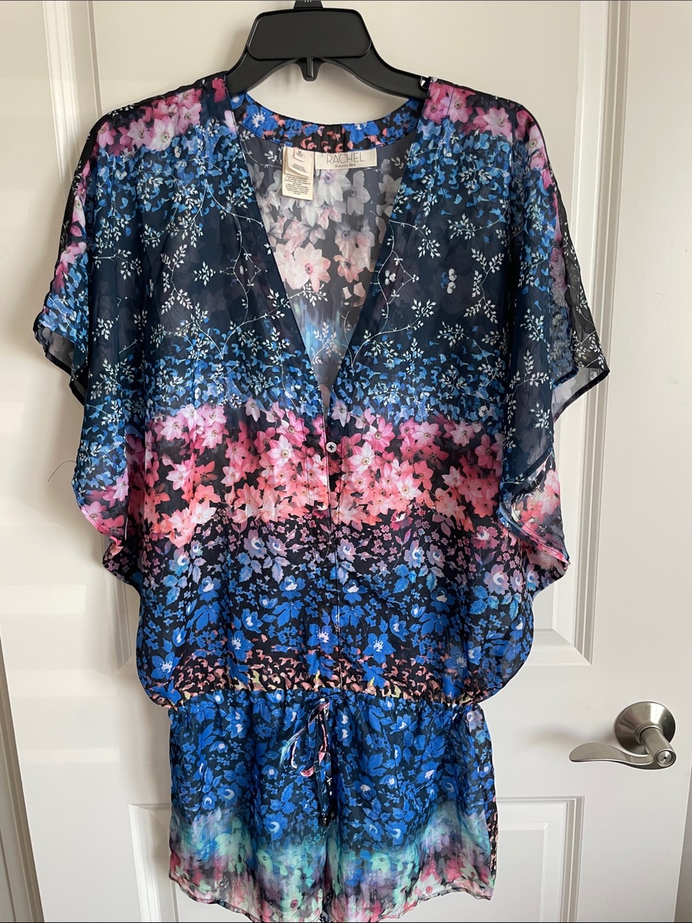 Rachel Roy Floral Semi Sheer Romper Coverup in Navy, Pink & Blue